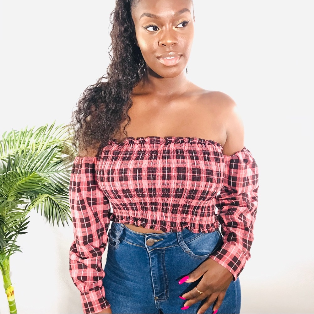 Women’s plaid off the shoulders top - Picture 1 of 7